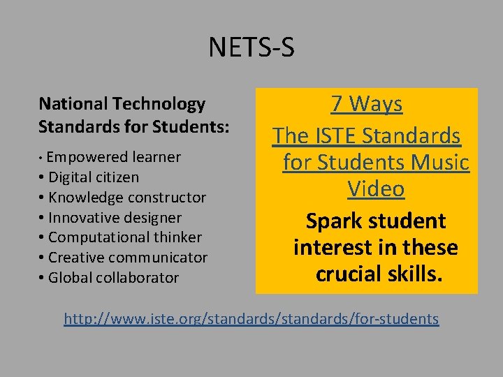 NETS-S National Technology Standards for Students: • Empowered learner • Digital citizen • Knowledge