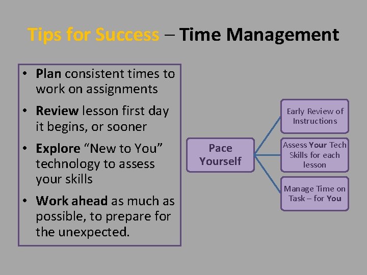 Tips for Success – Time Management • Plan consistent times to work on assignments