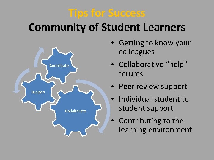 Tips for Success Community of Student Learners • Getting to know your colleagues Contribute
