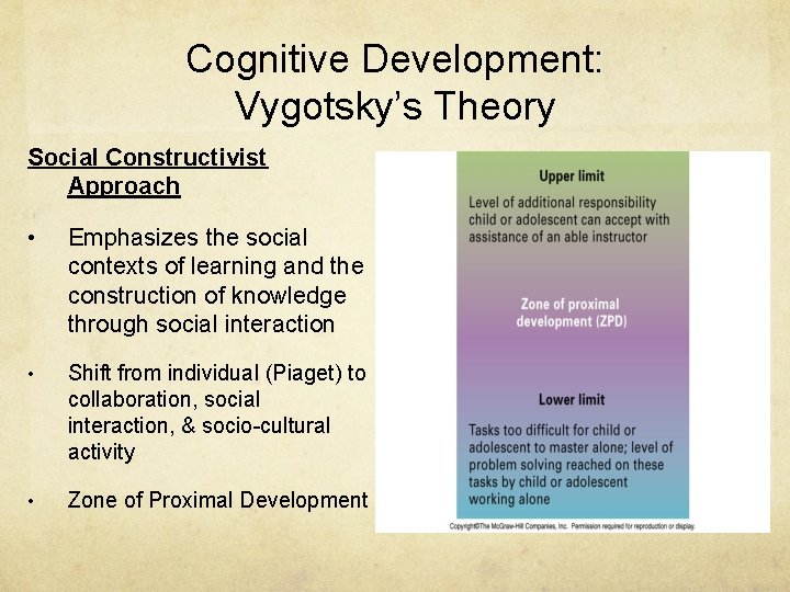 Cognitive Development: Vygotsky’s Theory Social Constructivist Approach • Emphasizes the social contexts of learning