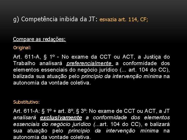g) Competência inibida da JT: esvazia art. 114, CF; Compare as redações: Original: Art.