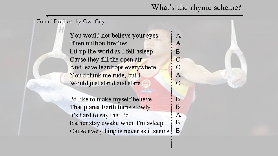 What’s the rhyme scheme? From “Fireflies” by Owl City You would not believe your