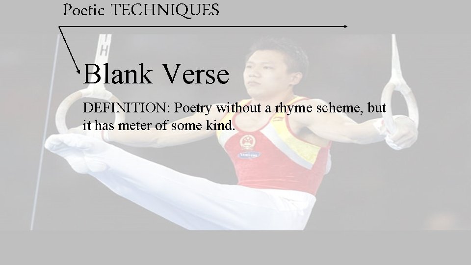 Poetic TECHNIQUES Blank Verse DEFINITION: Poetry without a rhyme scheme, but it has meter