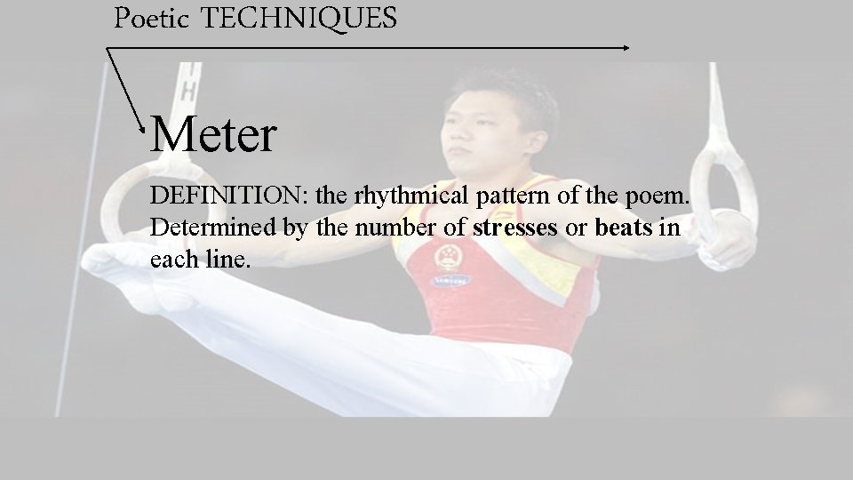 Poetic TECHNIQUES Meter DEFINITION: the rhythmical pattern of the poem. Determined by the number