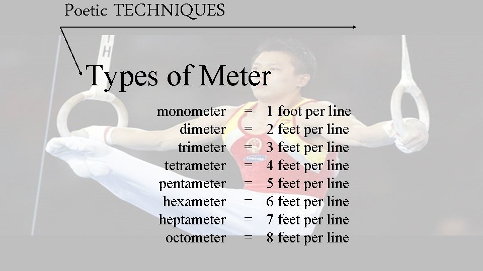 Poetic TECHNIQUES Types of Meter monometer dimeter trimeter tetrameter pentameter hexameter heptameter octometer =
