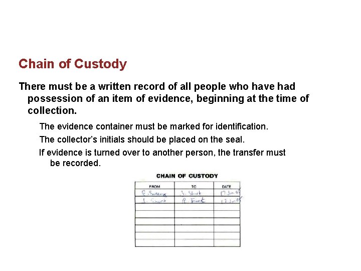 Chain of Custody There must be a written record of all people who have