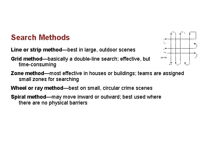 Search Methods Line or strip method—best in large, outdoor scenes Grid method—basically a double-line