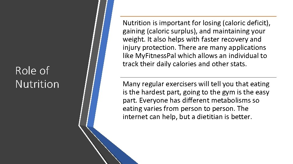 Role of Nutrition is important for losing (caloric deficit), gaining (caloric surplus), and maintaining
