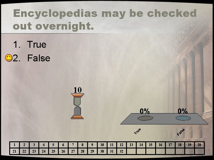 Encyclopedias may be checked out overnight. 1. True 2. False 10 1 2 3