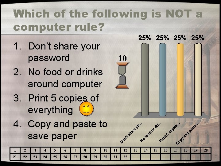 Which of the following is NOT a computer rule? 1. Don’t share your password