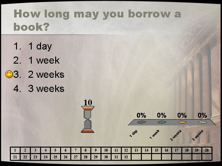 How long may you borrow a book? 1. 2. 3. 4. 1 day 1