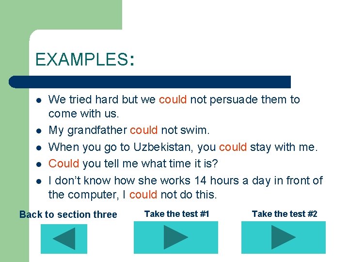 EXAMPLES: l l l We tried hard but we could not persuade them to