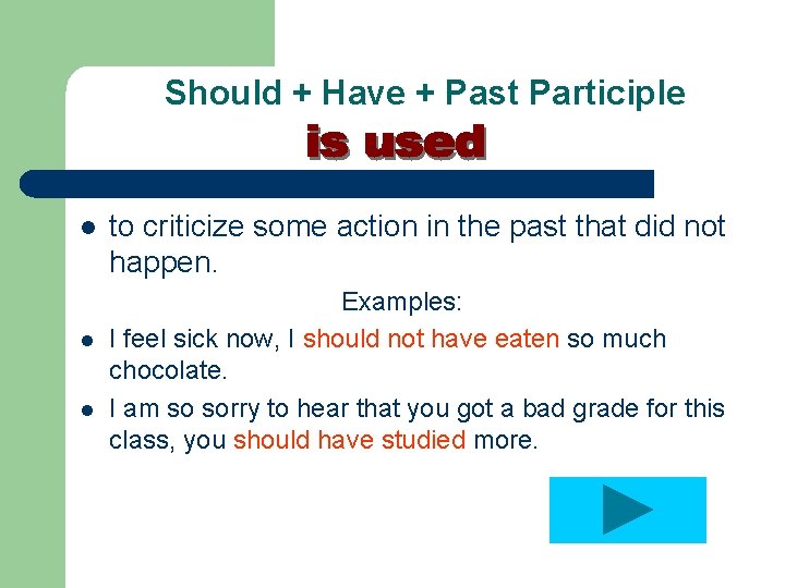 Should + Have + Past Participle l l l to criticize some action in