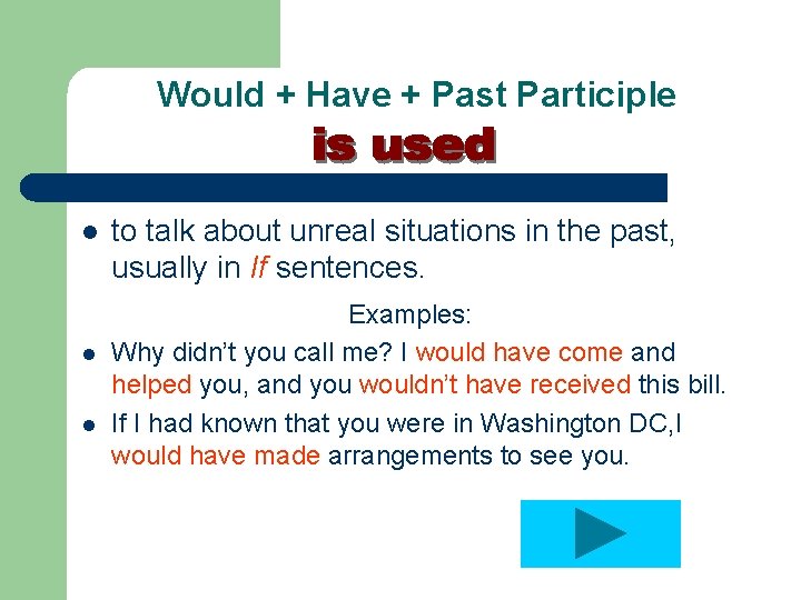 Would + Have + Past Participle l l l to talk about unreal situations
