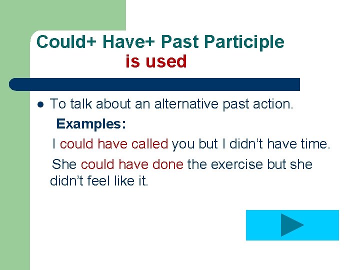 Could+ Have+ Past Participle is used l To talk about an alternative past action.