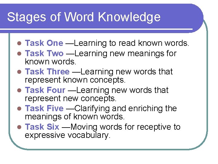 Stages of Word Knowledge l l l Task One —Learning to read known words.