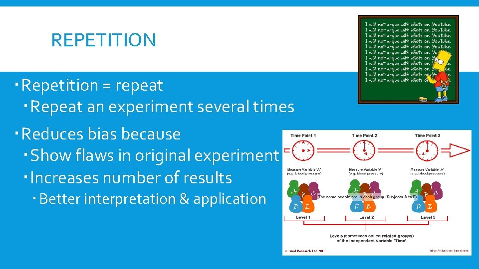 REPETITION Repetition = repeat Repeat an experiment several times Reduces bias because Show flaws