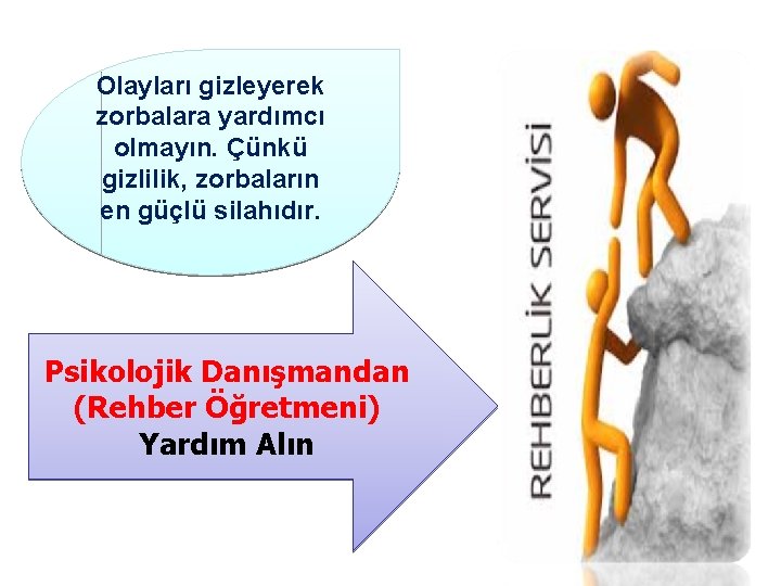 Olayları gizleyerek zorbalara yardımcı olmayın. Çünkü gizlilik, zorbaların en güçlü silahıdır. Psikolojik Danışmandan (Rehber