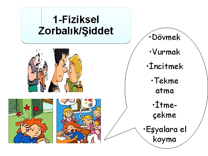 1 -Fiziksel Zorbalık/Şiddet • Dövmek • Vurmak • İncitmek • Tekme atma • İtmeçekme