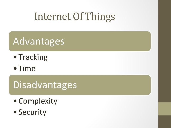 Internet Of Things Advantages • Tracking • Time Disadvantages • Complexity • Security 
