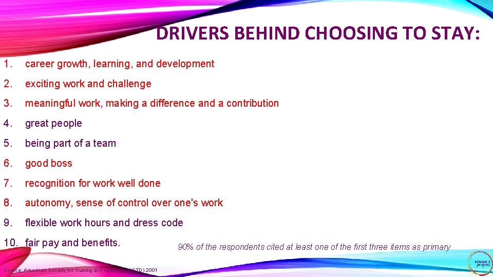 DRIVERS BEHIND CHOOSING TO STAY: 1. career growth, learning, and development 2. exciting work