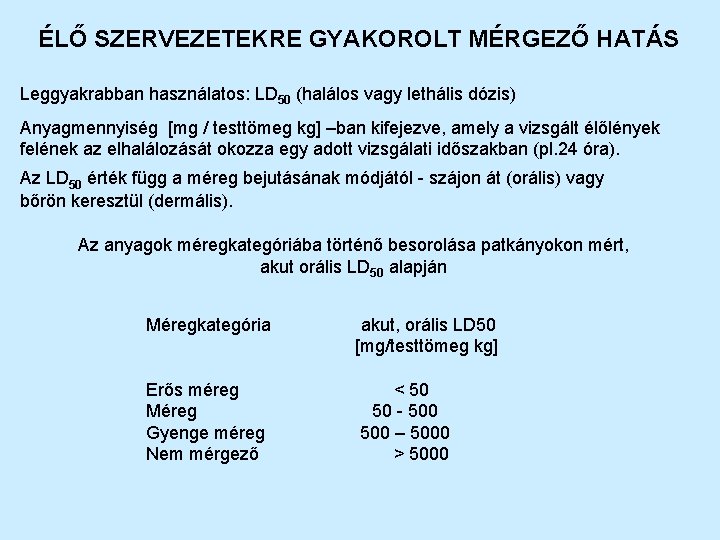 ÉLŐ SZERVEZETEKRE GYAKOROLT MÉRGEZŐ HATÁS Leggyakrabban használatos: LD 50 (halálos vagy lethális dózis) Anyagmennyiség