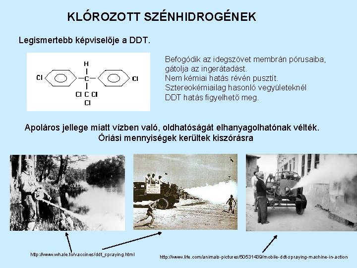 KLÓROZOTT SZÉNHIDROGÉNEK Legismertebb képviselője a DDT. Befogódik az idegszövet membrán pórusaiba, gátolja az ingerátadást.