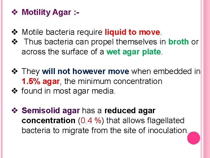v Motility Agar : v Motile bacteria require liquid to move. v Thus bacteria