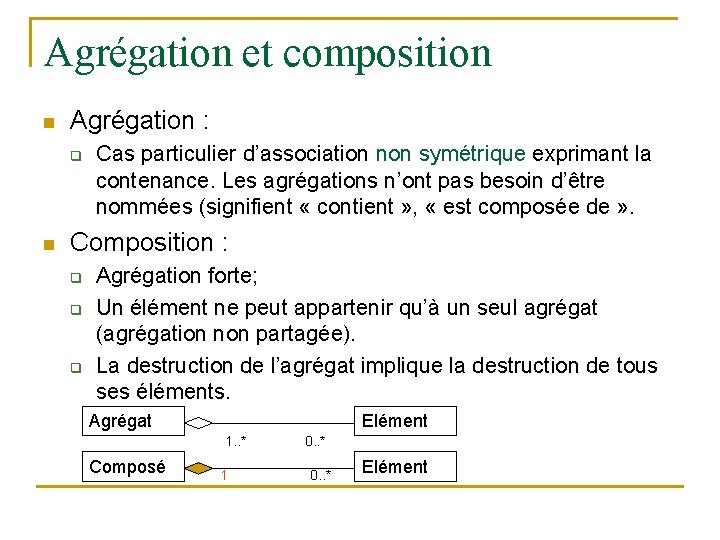 Agrégation et composition n Agrégation : q n Cas particulier d’association non symétrique exprimant