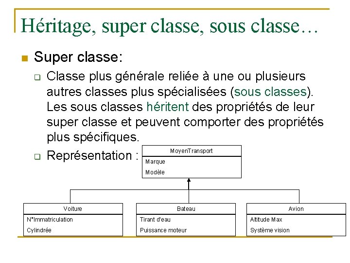 Héritage, super classe, sous classe… n Super classe: q q Classe plus générale reliée