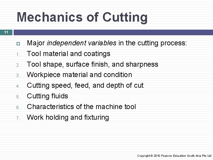 Mechanics of Cutting 11 1. 2. 3. 4. 5. 6. 7. Major independent variables