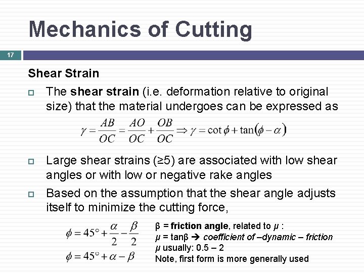 Mechanics of Cutting 17 Shear Strain The shear strain (i. e. deformation relative to