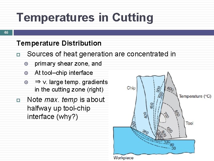 Temperatures in Cutting 46 Temperature Distribution Sources of heat generation are concentrated in primary