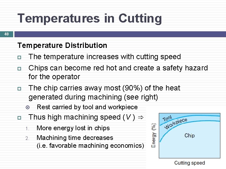 Temperatures in Cutting 48 Temperature Distribution The temperature increases with cutting speed Chips can