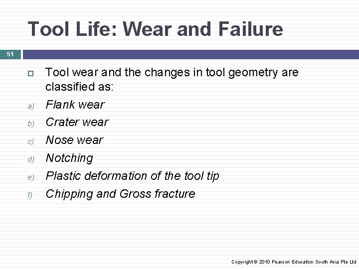 Tool Life: Wear and Failure 51 a) b) c) d) e) f) Tool wear