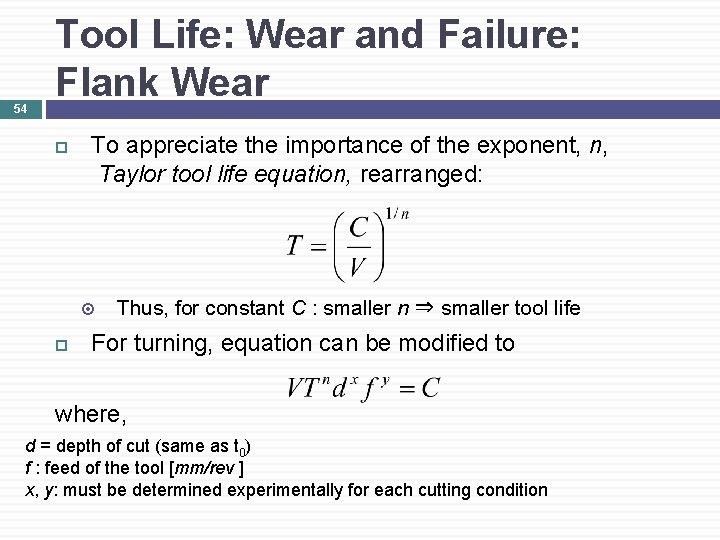 54 Tool Life: Wear and Failure: Flank Wear To appreciate the importance of the