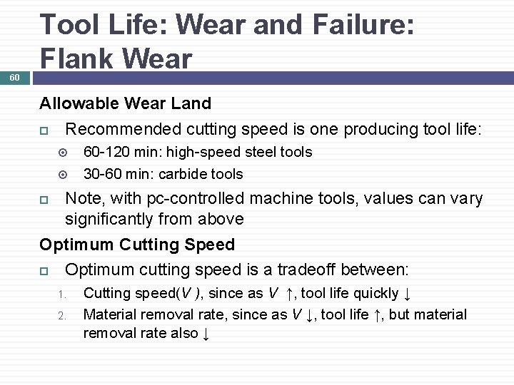 60 Tool Life: Wear and Failure: Flank Wear Allowable Wear Land Recommended cutting speed