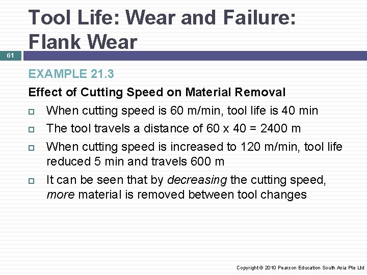 61 Tool Life: Wear and Failure: Flank Wear EXAMPLE 21. 3 Effect of Cutting