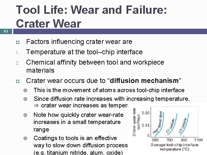 63 Tool Life: Wear and Failure: Crater Wear 1. 2. Factors influencing crater wear