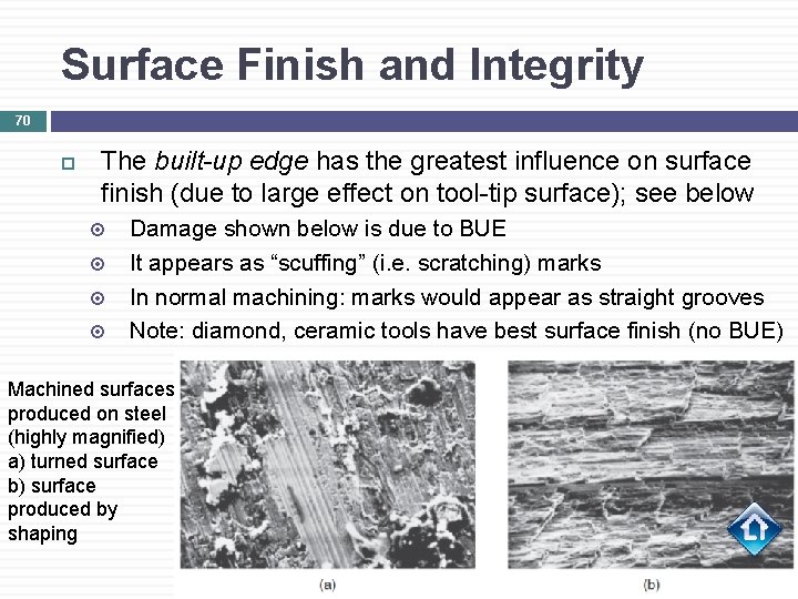 Surface Finish and Integrity 70 The built-up edge has the greatest influence on surface