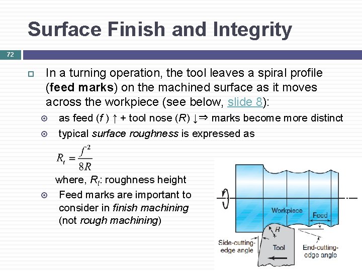 Surface Finish and Integrity 72 In a turning operation, the tool leaves a spiral