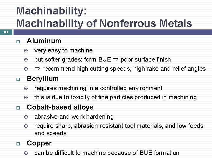 Machinability: Machinability of Nonferrous Metals 83 Aluminum Beryllium requires machining in a controlled environment