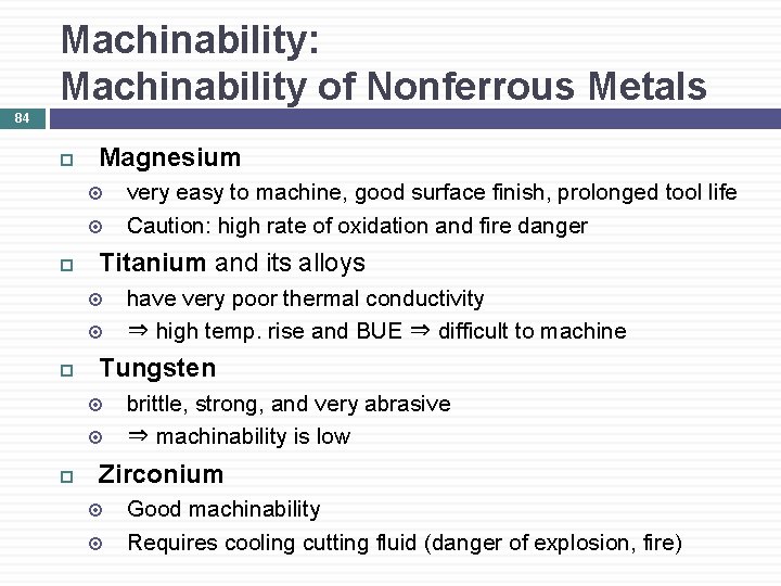 Machinability: Machinability of Nonferrous Metals 84 Magnesium Titanium and its alloys have very poor