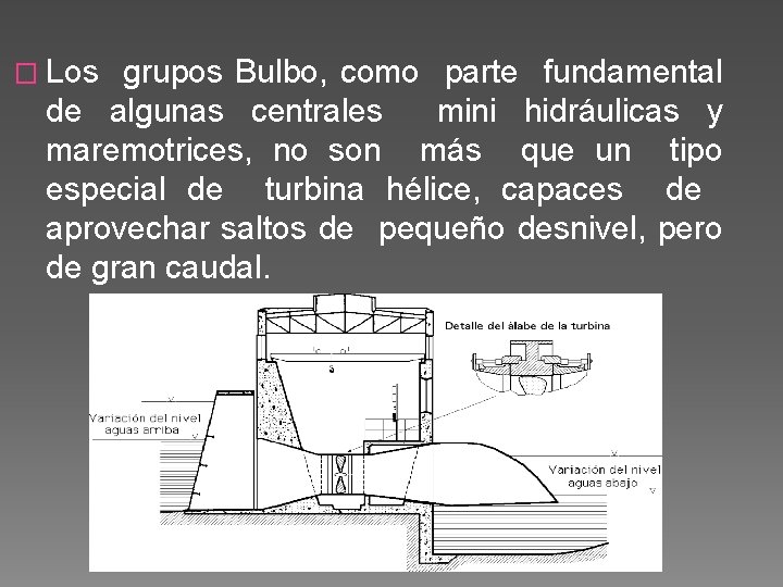 � Los grupos Bulbo, como parte fundamental de algunas centrales mini hidráulicas y maremotrices,