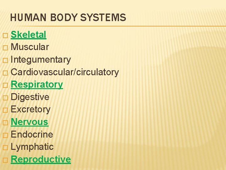 HUMAN BODY SYSTEMS � Skeletal � Muscular � Integumentary � Cardiovascular/circulatory � Respiratory �