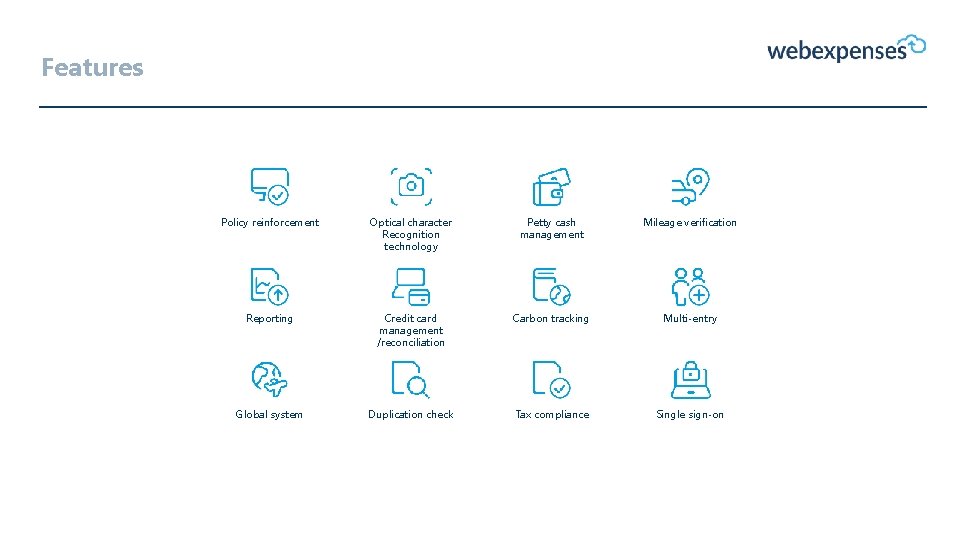 Features Policy reinforcement Optical character Recognition technology Petty cash management Mileage verification Reporting Credit