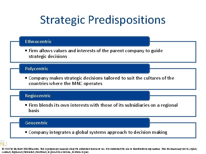 Strategic Predispositions Ethnocentric • Firm allows values and interests of the parent company to