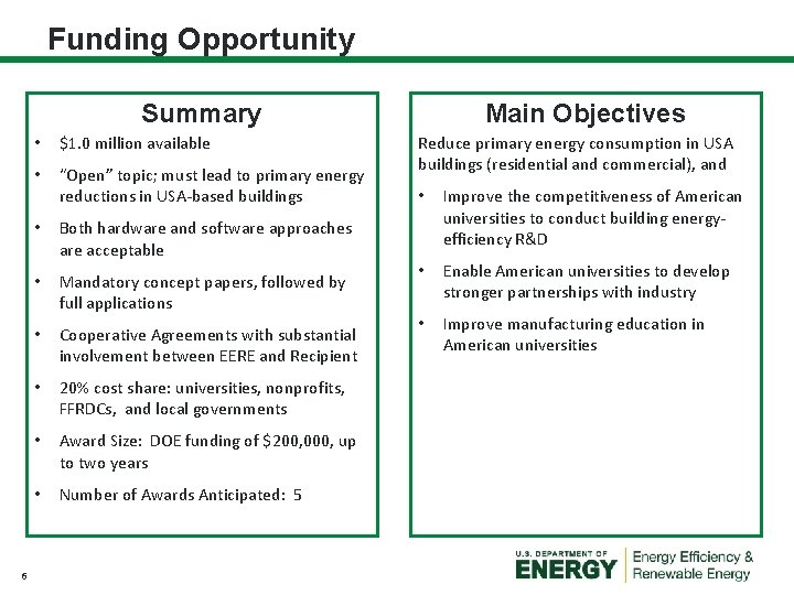 Funding Opportunity Summary 6 • $1. 0 million available • “Open” topic; must lead