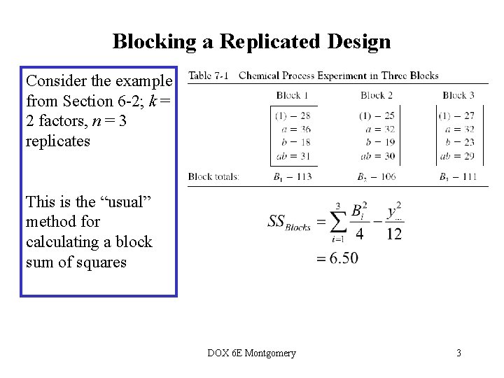 Blocking a Replicated Design Consider the example from Section 6 -2; k = 2