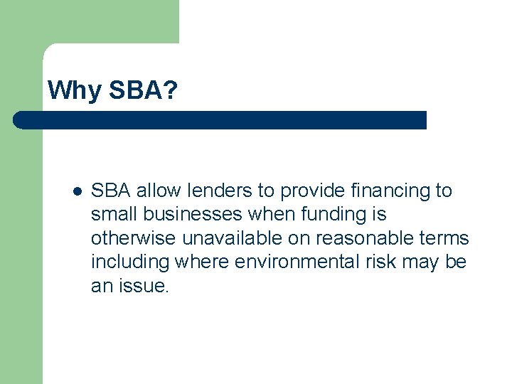 Why SBA? l SBA allow lenders to provide financing to small businesses when funding
